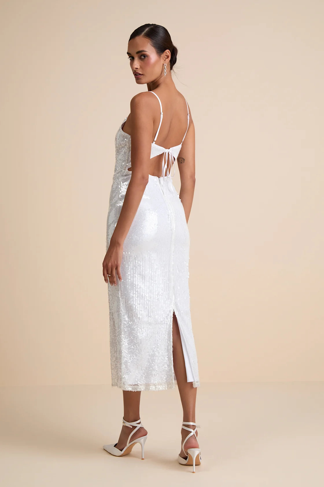 Cahya White Sequin Tie-Back Midi Dress