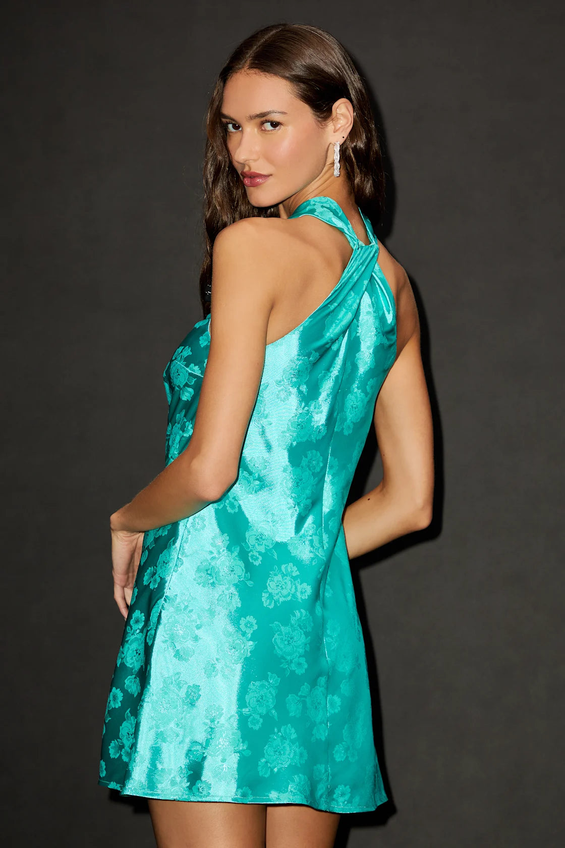 Got the Key Rust Satin Floral Jacquard Halter Mini Dress