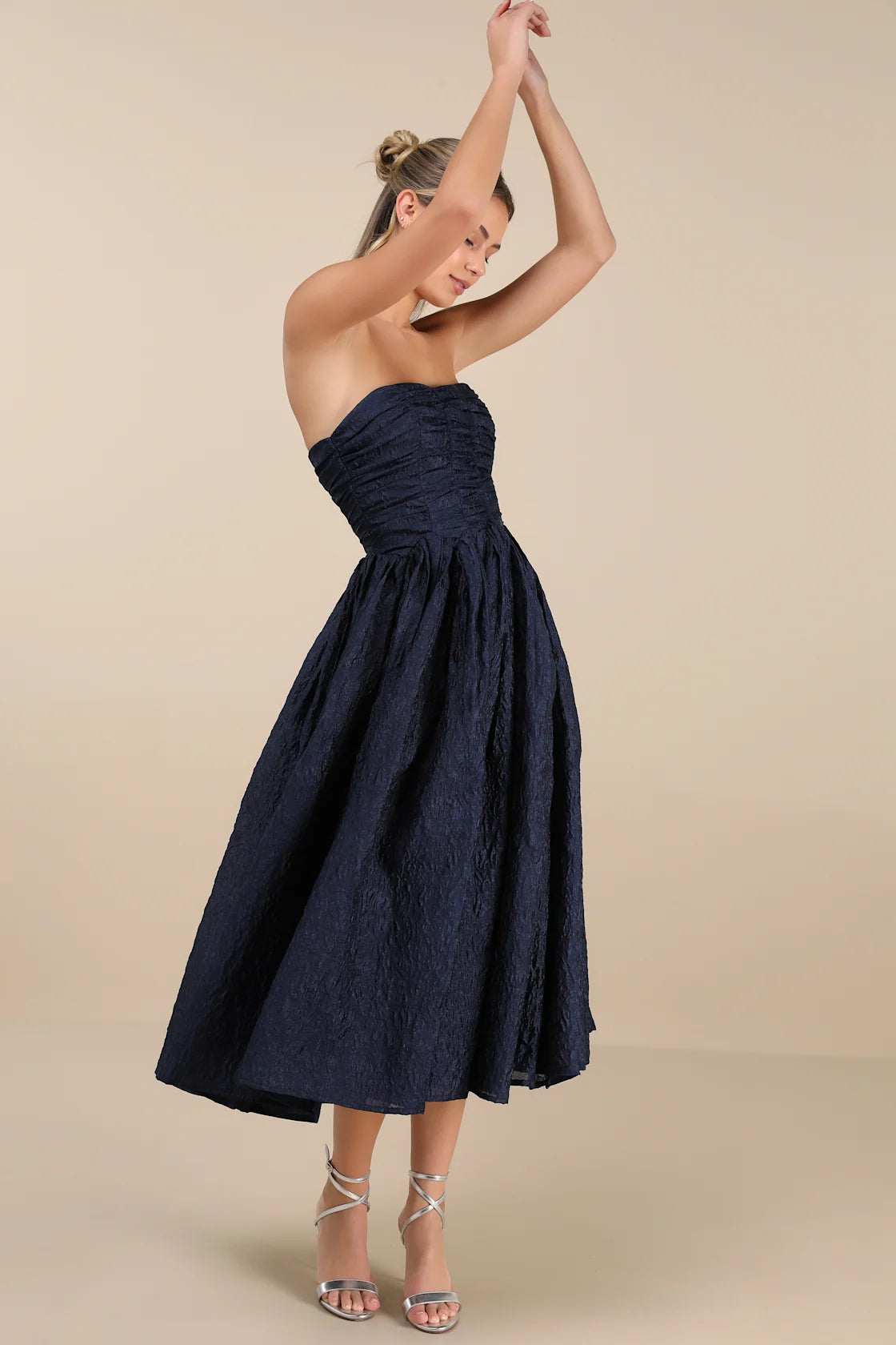 Analeia Dark Navy Jacquard Lace-Up Strapless Midi Dress