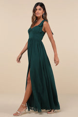 Radiant Charisma Plum Chiffon Ruched Tie-Strap Maxi Dress