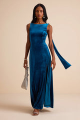 Liora Dark Teal Velvet Boat Neck Sash Maxi Dress