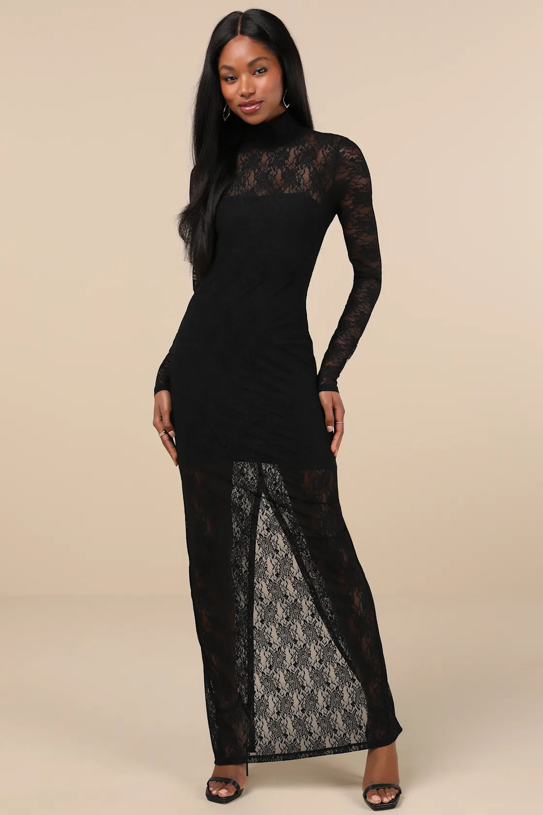 Famous Impression Beige Lace Mock Neck Long Sleeve Maxi Dress