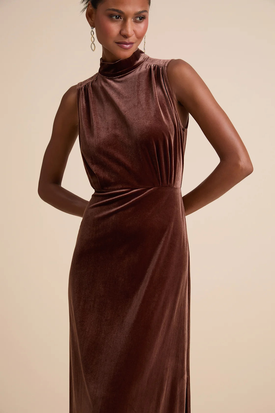 Classic Elegance Brown Velvet Sleeveless Mock Neck Maxi Dress