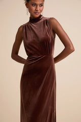 Classic Elegance Brown Velvet Sleeveless Mock Neck Maxi Dress
