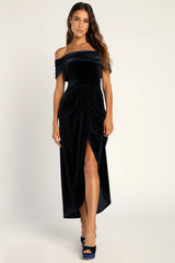 I'm Enchanted Red Velvet Off-the-Shoulder Maxi Dress