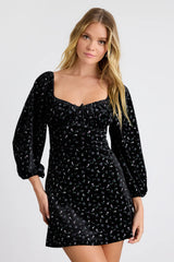 Adored Perfection Mauve Floral Velvet Balloon Sleeve Mini Dress