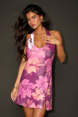 Olandria Purple Floral Halter Mini Slip Dress