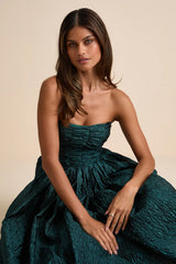 Analeia Dark Navy Jacquard Lace-Up Strapless Midi Dress