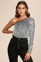 Dancing Diva Black and Silver Sequin One-Shoulder Bodysuit
