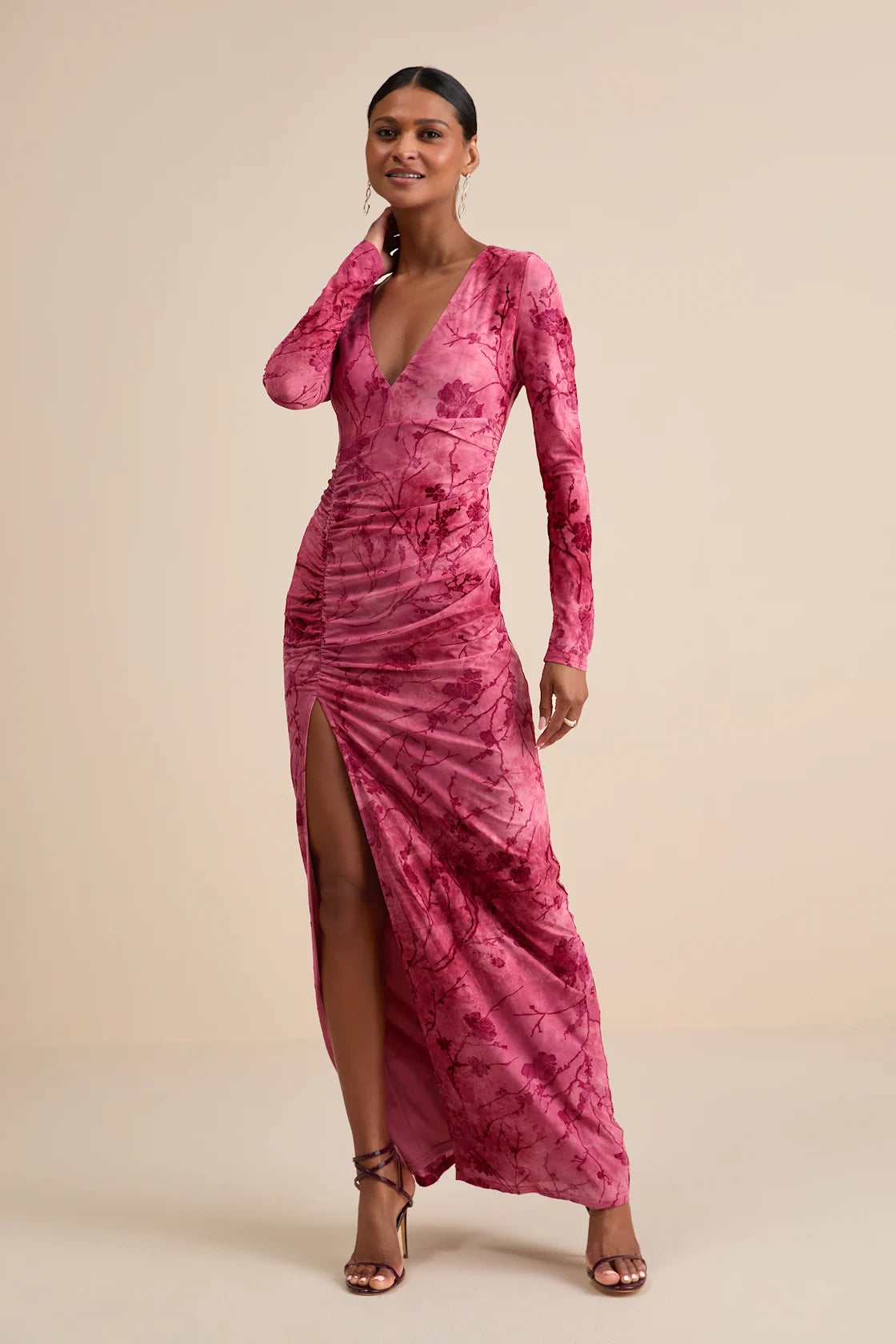 Dynamic Sensation Dark Mauve Floral Velvet Burnout Maxi Dress