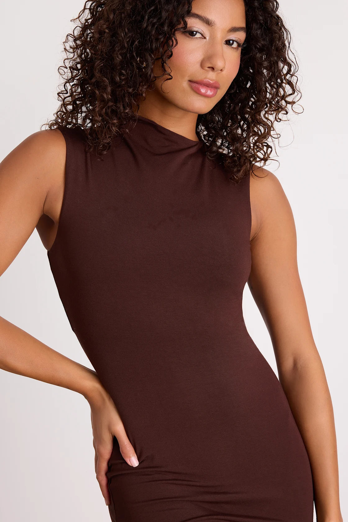 Anca Brown Sleeveless Mock Neck Bodycon Maxi Dress