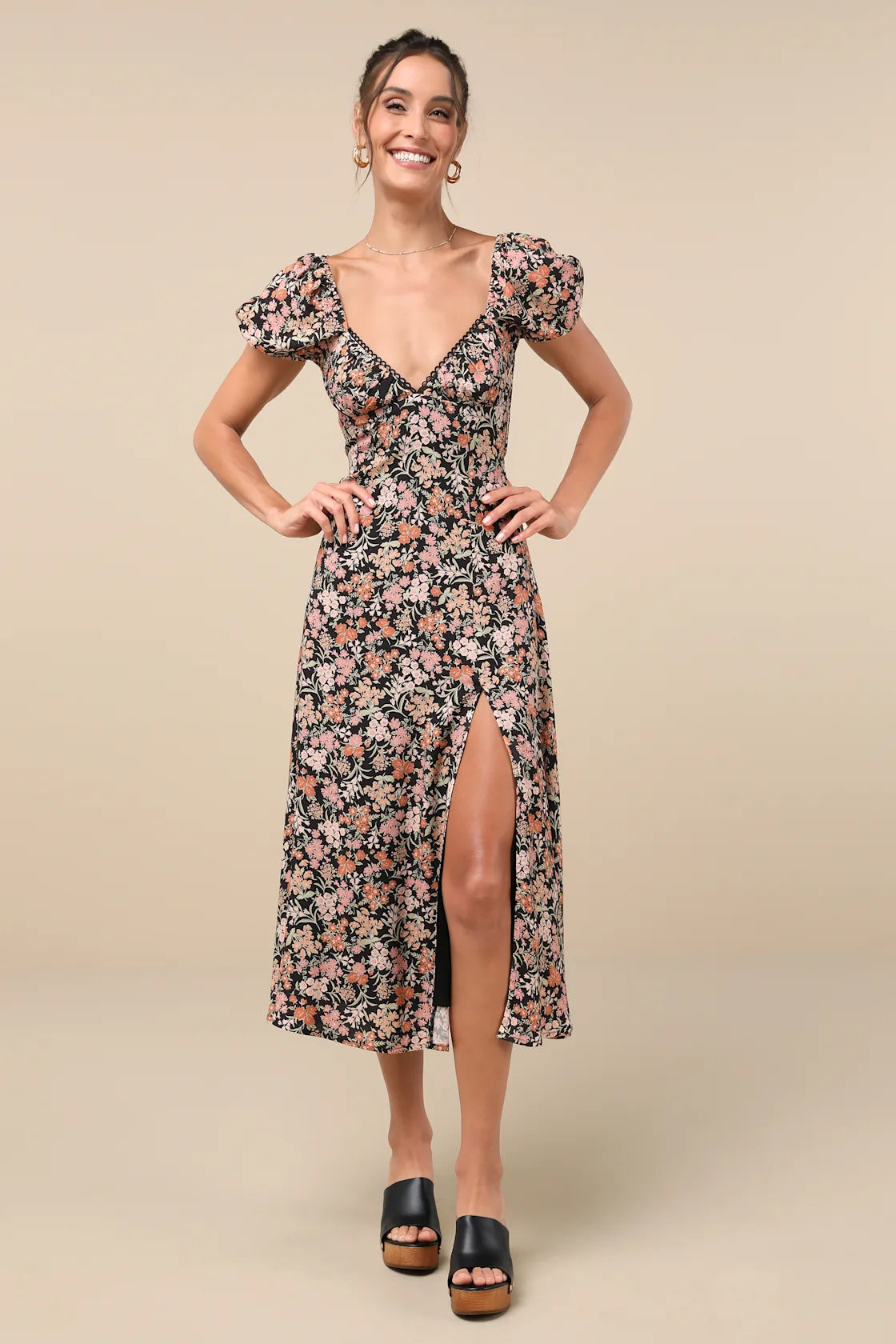 Meadow Muse Green Floral Tie-Back Puff Sleeve Midi Dress