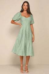 Heavenly Energy Sage Textured Puff Sleeve Pleated Midi Dress