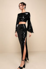 Glowing Icon Black Sequin Feather Two-Piece Maxi Dress
