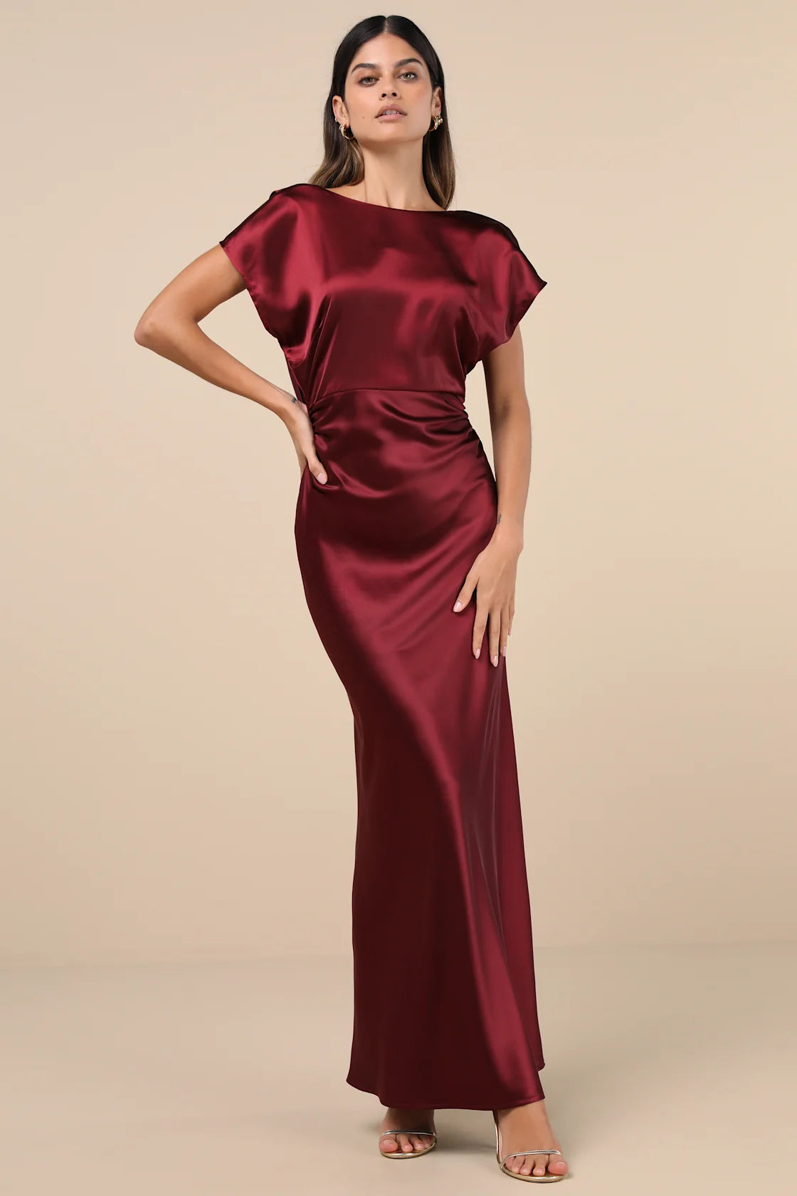 Captivating Presence Blush Pink Satin Cowl Back Maxi Dress