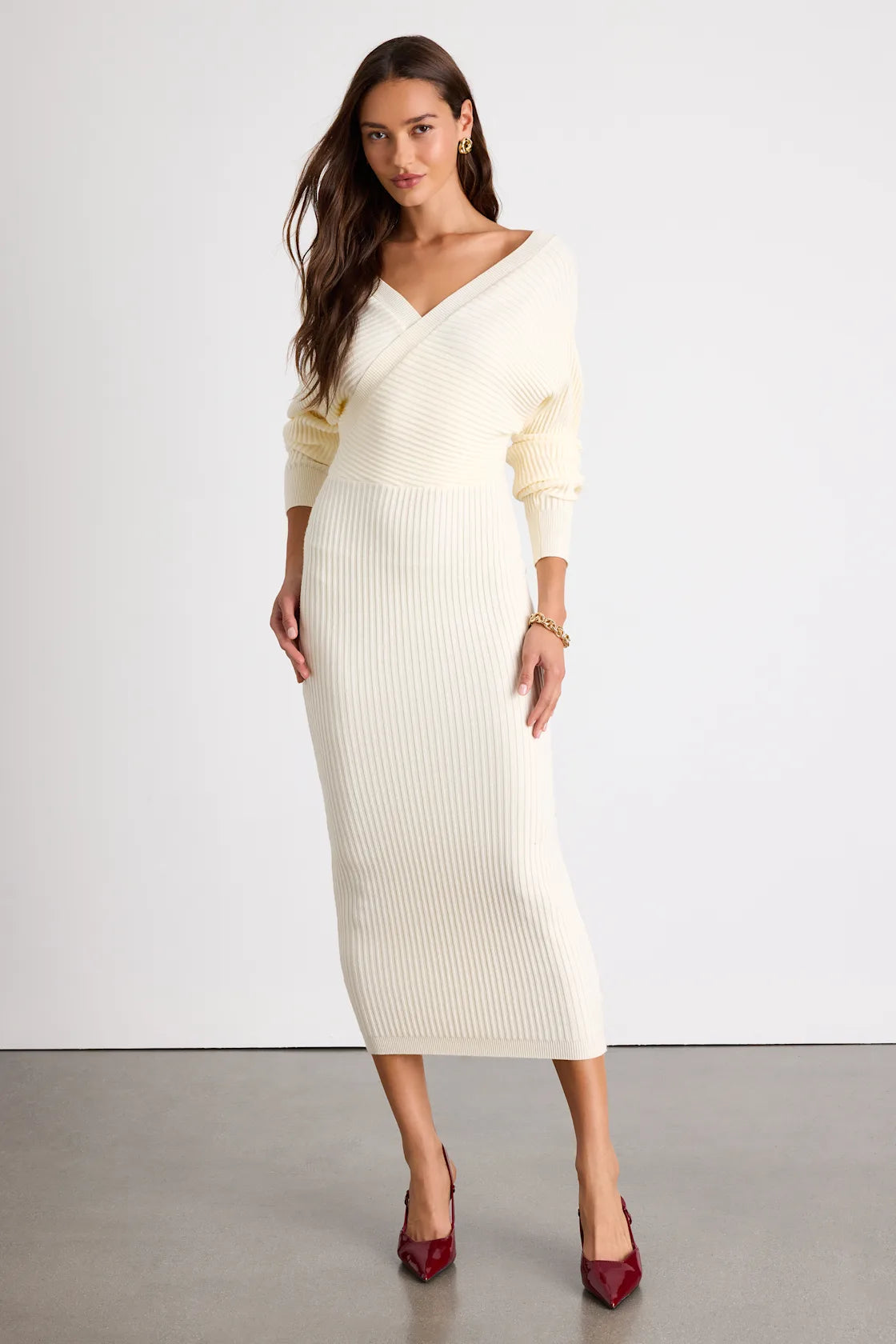 Bixby Ivory Ribbed Surplice Bodycon Sweater Midi Dress