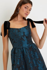 Beyond Graceful Black Floral Jacquard Velvet Tie-Strap Midi Dres