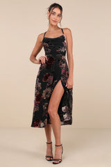 Exuberant Vibes Black Floral Velvet Burnout Tie-Back Midi Dress