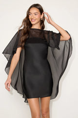 Amini Black Satin Cape Sleeve Mini Dress