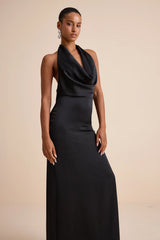 Carmelo Blue Satin Halter Neck Backless Maxi Dress