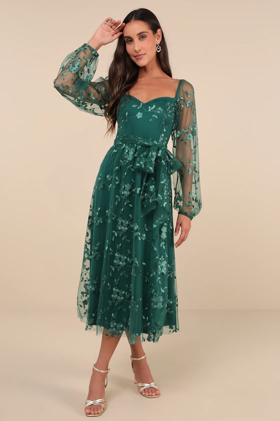Darling Charisma Wine Red Mesh Embroidered Midi Dress