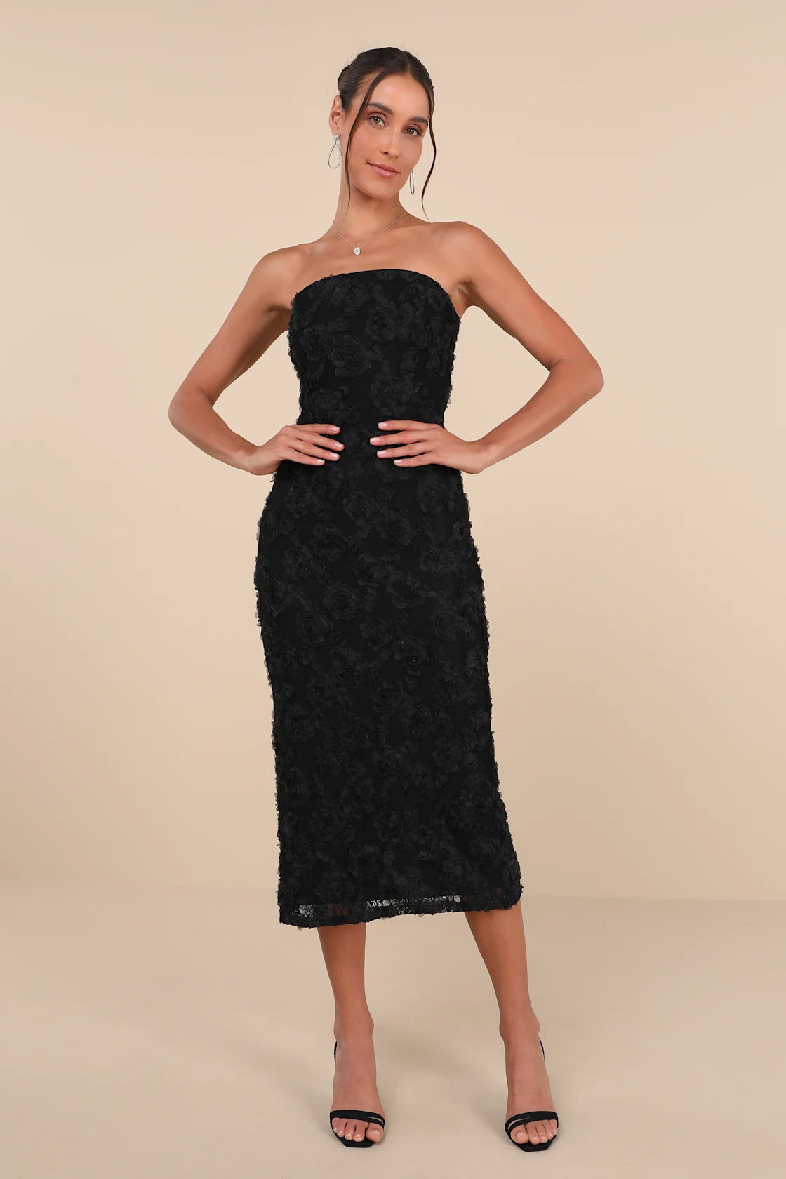 Flawless Perfection Emerald Floral Applique Strapless Midi Dress
