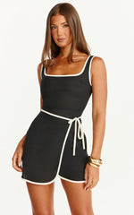 Aurora Mini Dress - Square Neck Wrap Skirt Tie Side Dress in Black