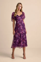 Valla Light Blue Floral Flutter Sleeve Midi Dress