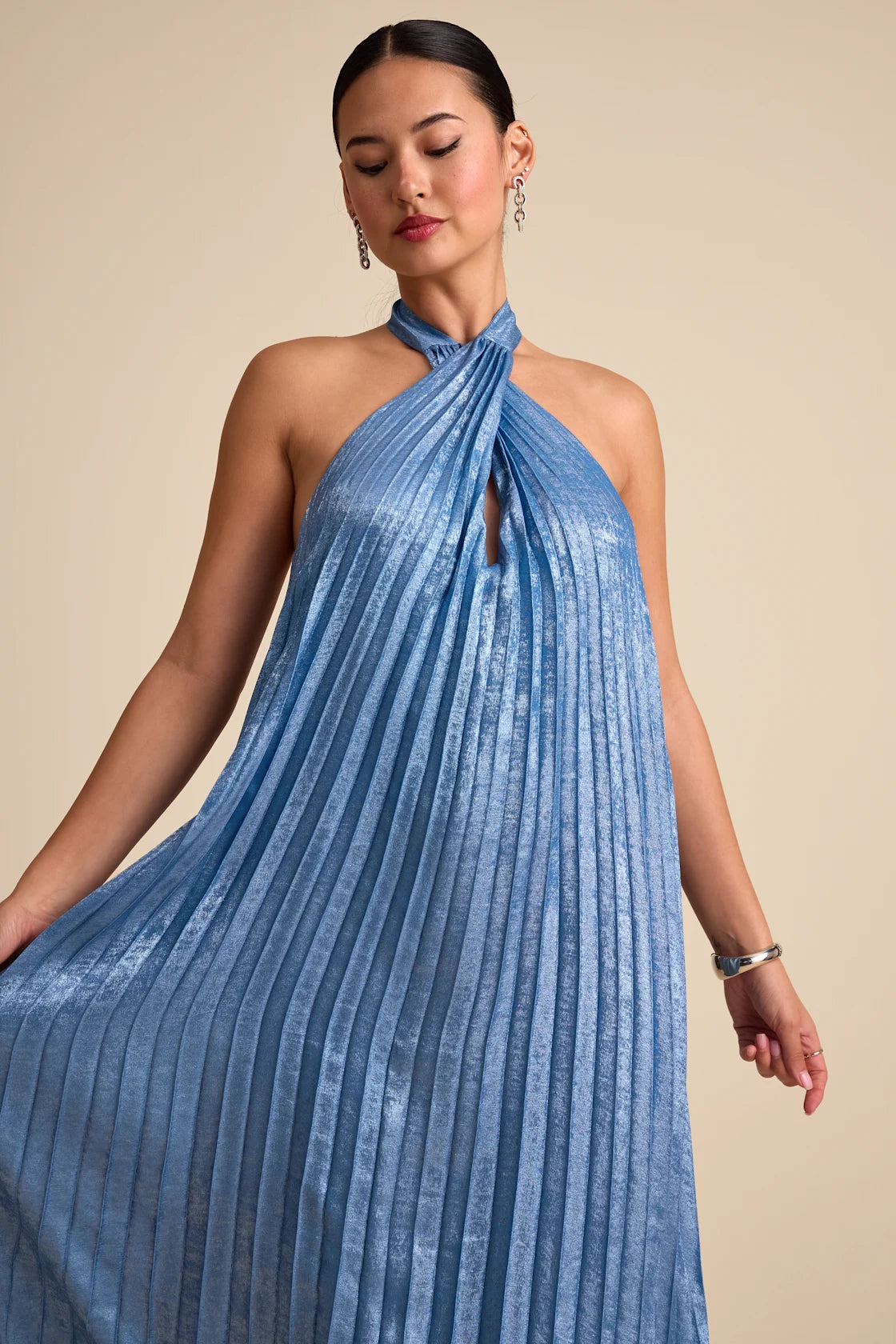 Gelsey Dusty Blue Pleated Halter Shift Maxi Dress
