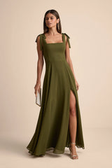 Love Me Forever Olive Green Tie-Strap Square Neck Maxi Dress