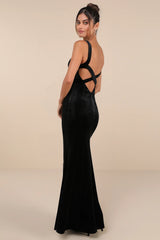 Perfectly Classy Navy Blue Velvet Strappy Maxi Dress