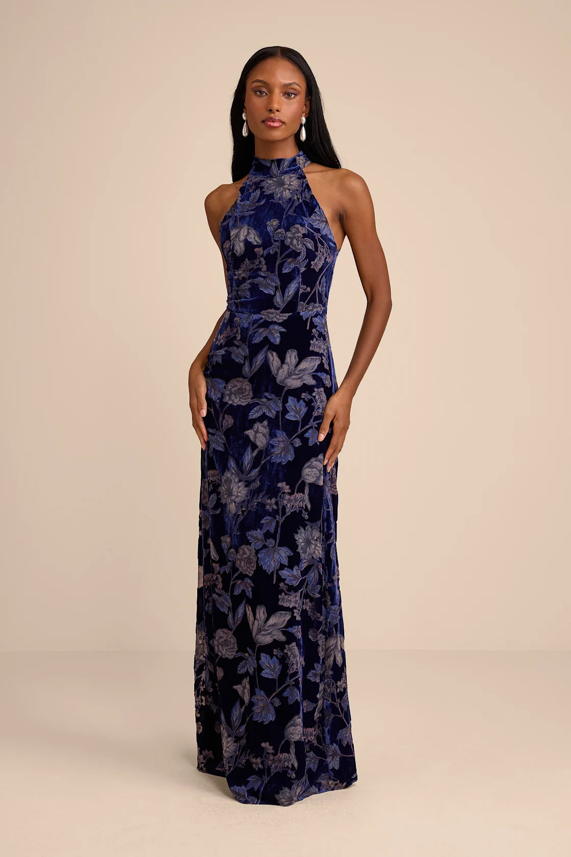 Amberline Navy Velvet Burnout Halter Maxi Dress