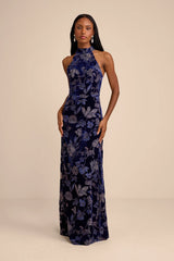 Amberline Navy Velvet Burnout Halter Maxi Dress