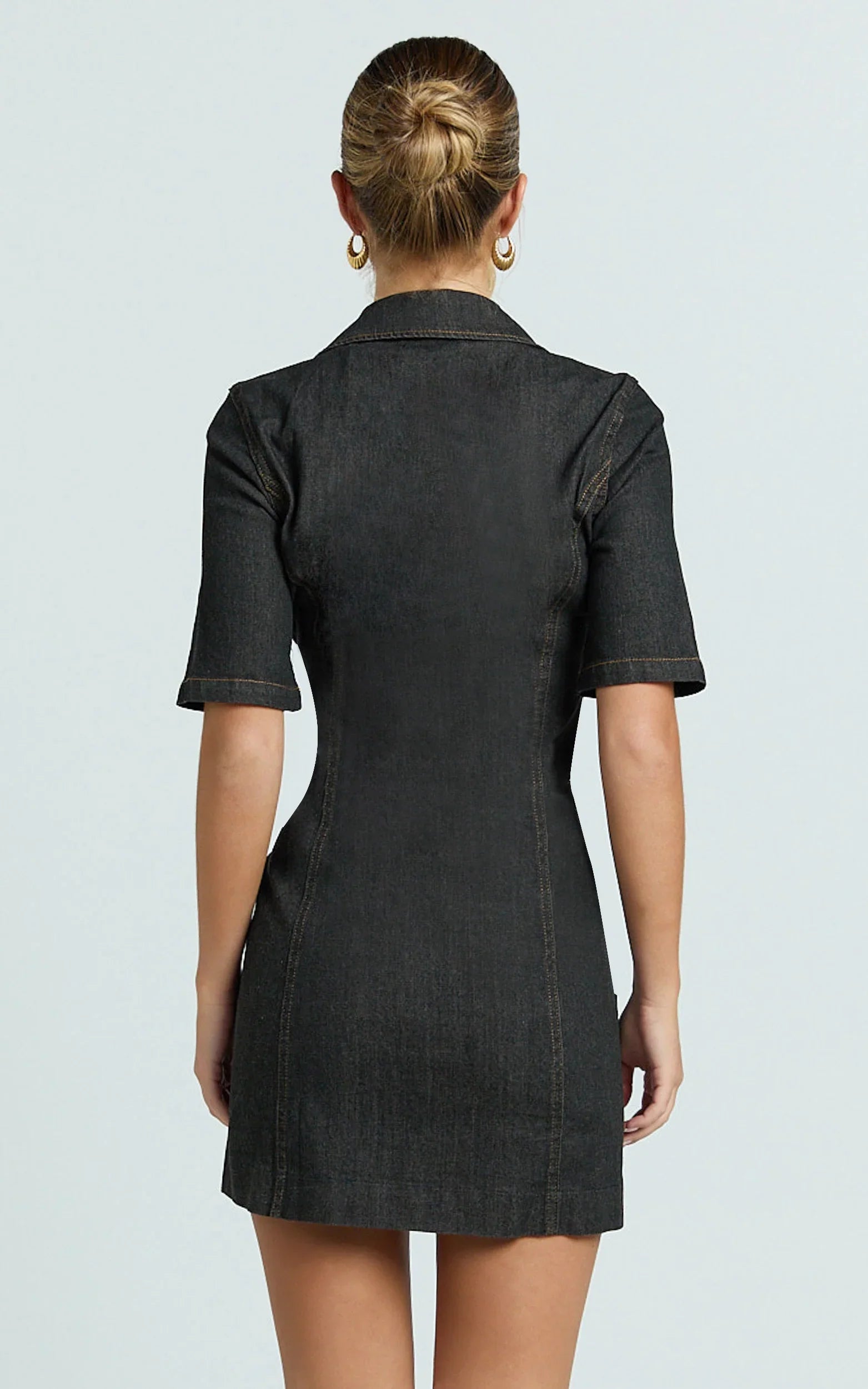 Tessie Mini Dress - Zip Front Collared Denim Mini Dress in Black