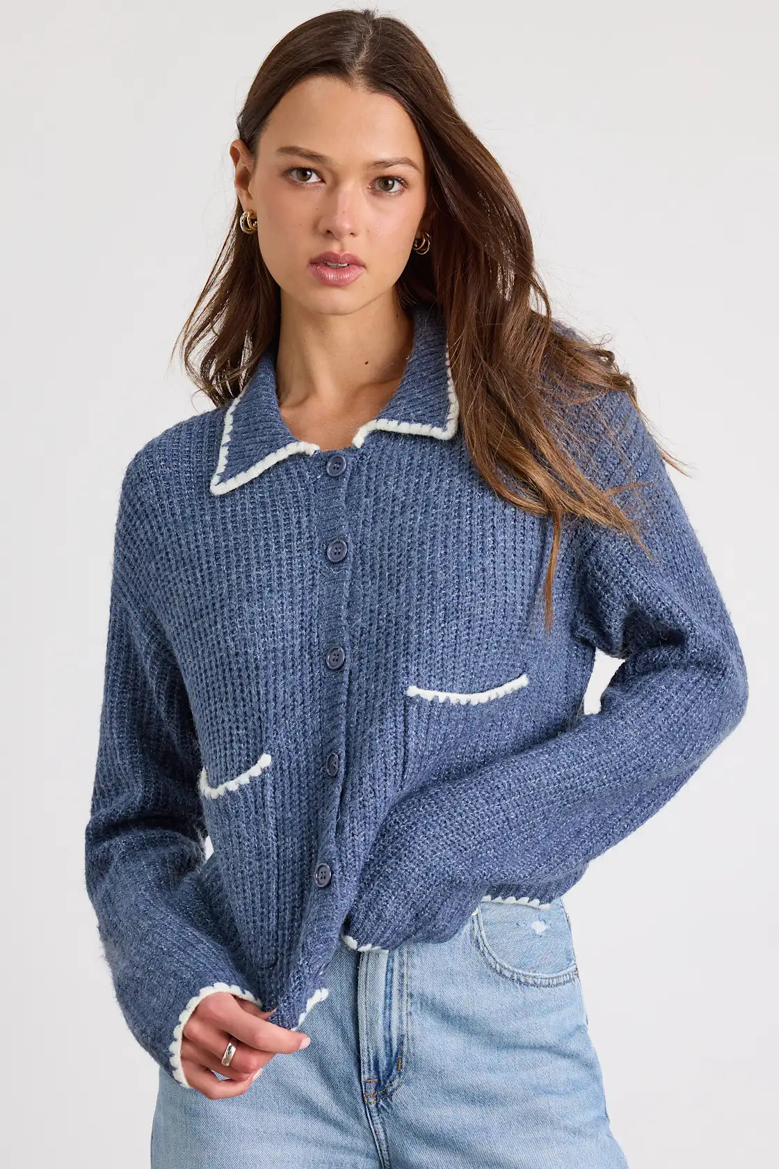 Marsia Dusty Blue Marled Whipstitched Cardigan Sweater