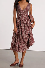 Janella Brown Floral Basque Waist Midi Dress