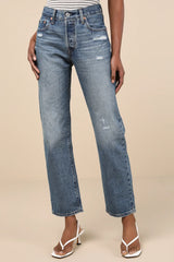 501 '90s Medium Wash Distressed Mid-Rise Straight Leg Jeans