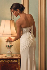 Claudette White Satin Strapless Bustier Maxi Dress