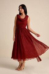 Katreea Rust Red Pleated Cowl Neck Sash Midi Dress
