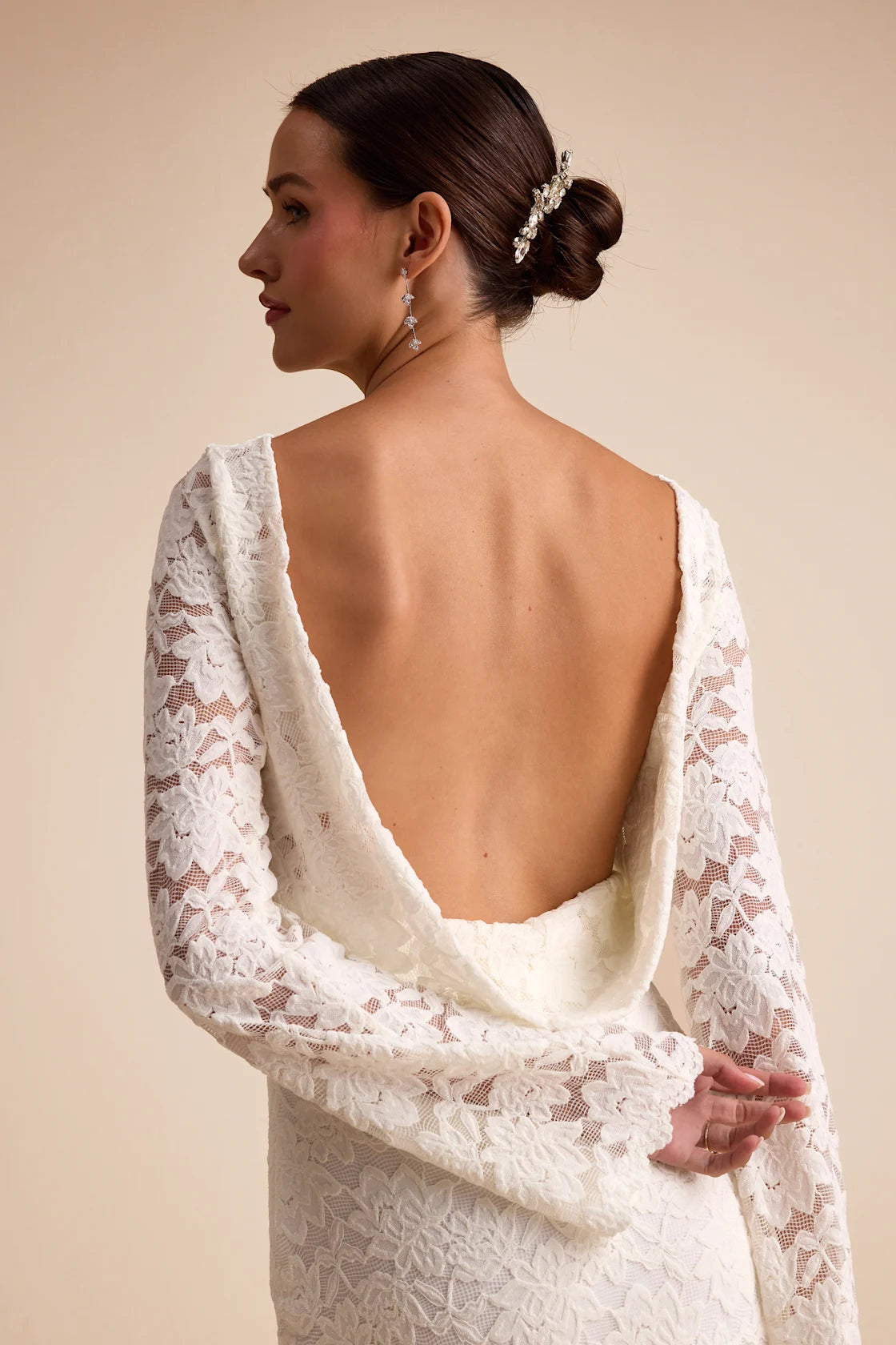 Odariya Ivory Lace Cowl Back Maxi Dress