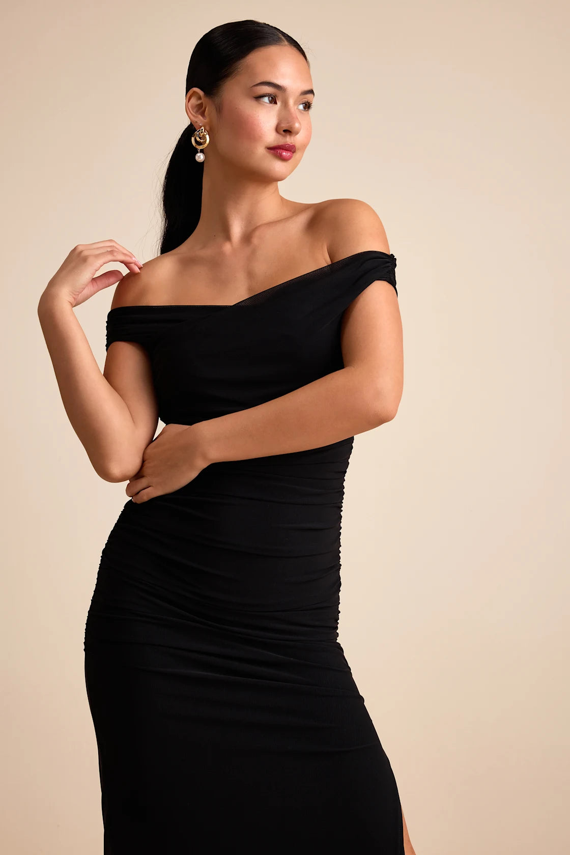 Scotia Black Mesh Ruched Off-the-Shoulder Maxi Dress