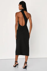 Keep It Interesting Red Asymmetrical Cutout Halter Midi Dress