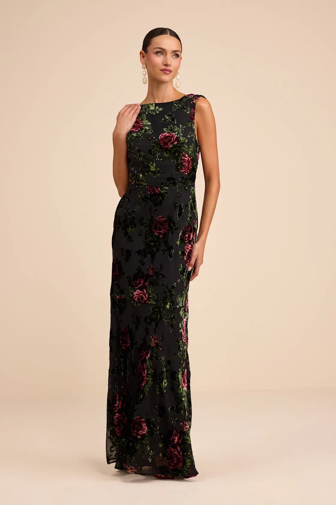 Declan Black Floral Burnout Cowl Back Maxi Dress