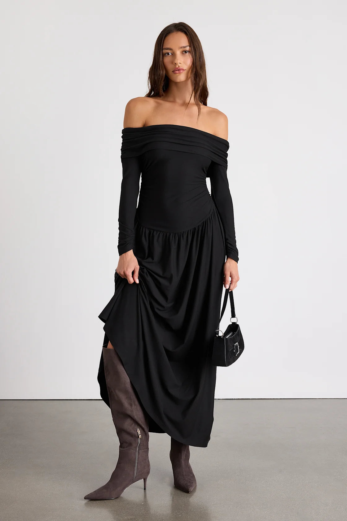 Sescca Black Off-the-Shoulder Jersey Knit Maxi Dress
