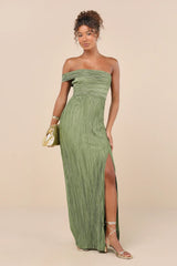 Poised Performance Chartreuse Plisse One-Shoulder Maxi Dress