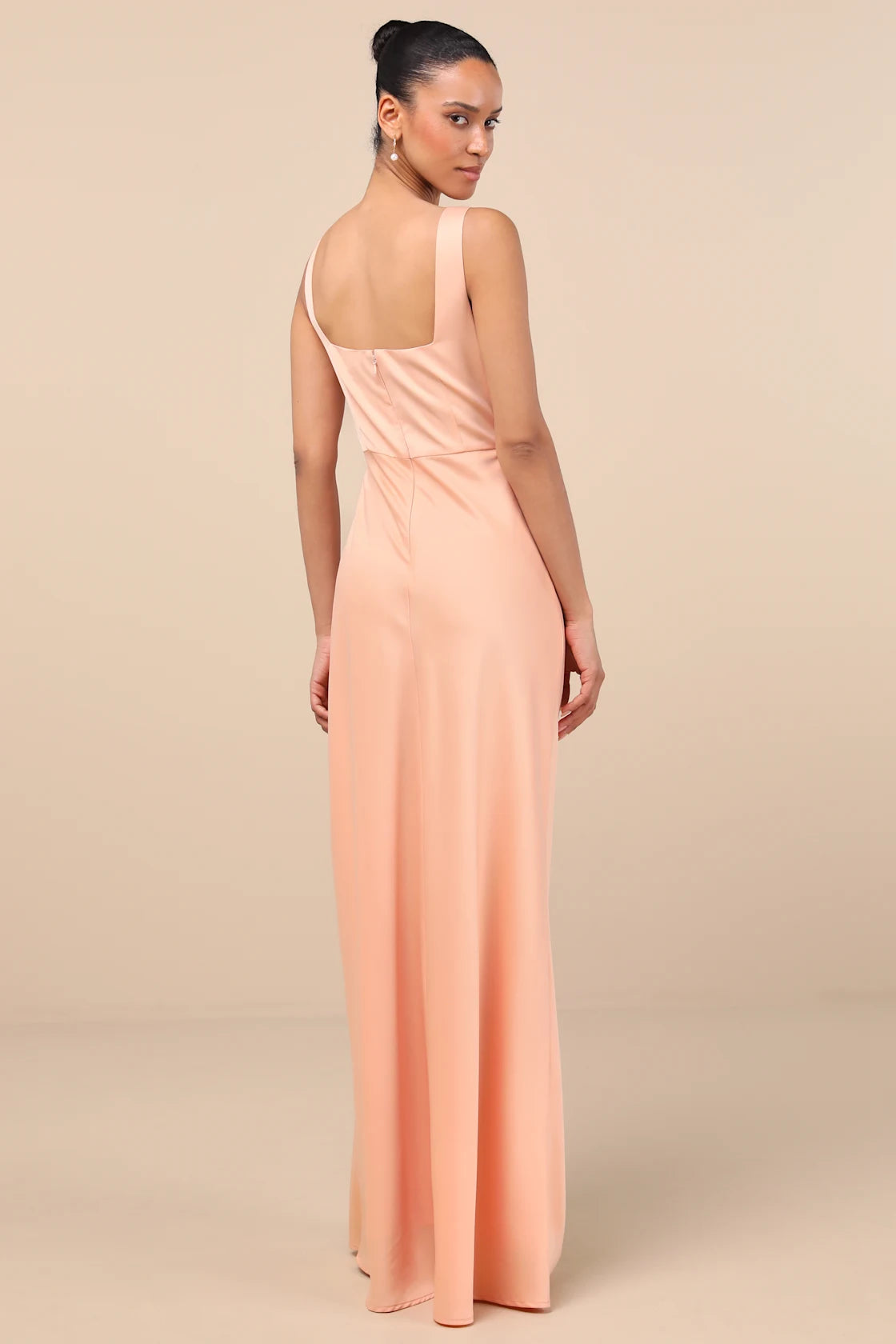 Red Carpet Romance Peach Satin Square Neck Maxi Dress