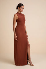 Irresistibly Modern Rust Brown Mesh Mock Neck Maxi Dress