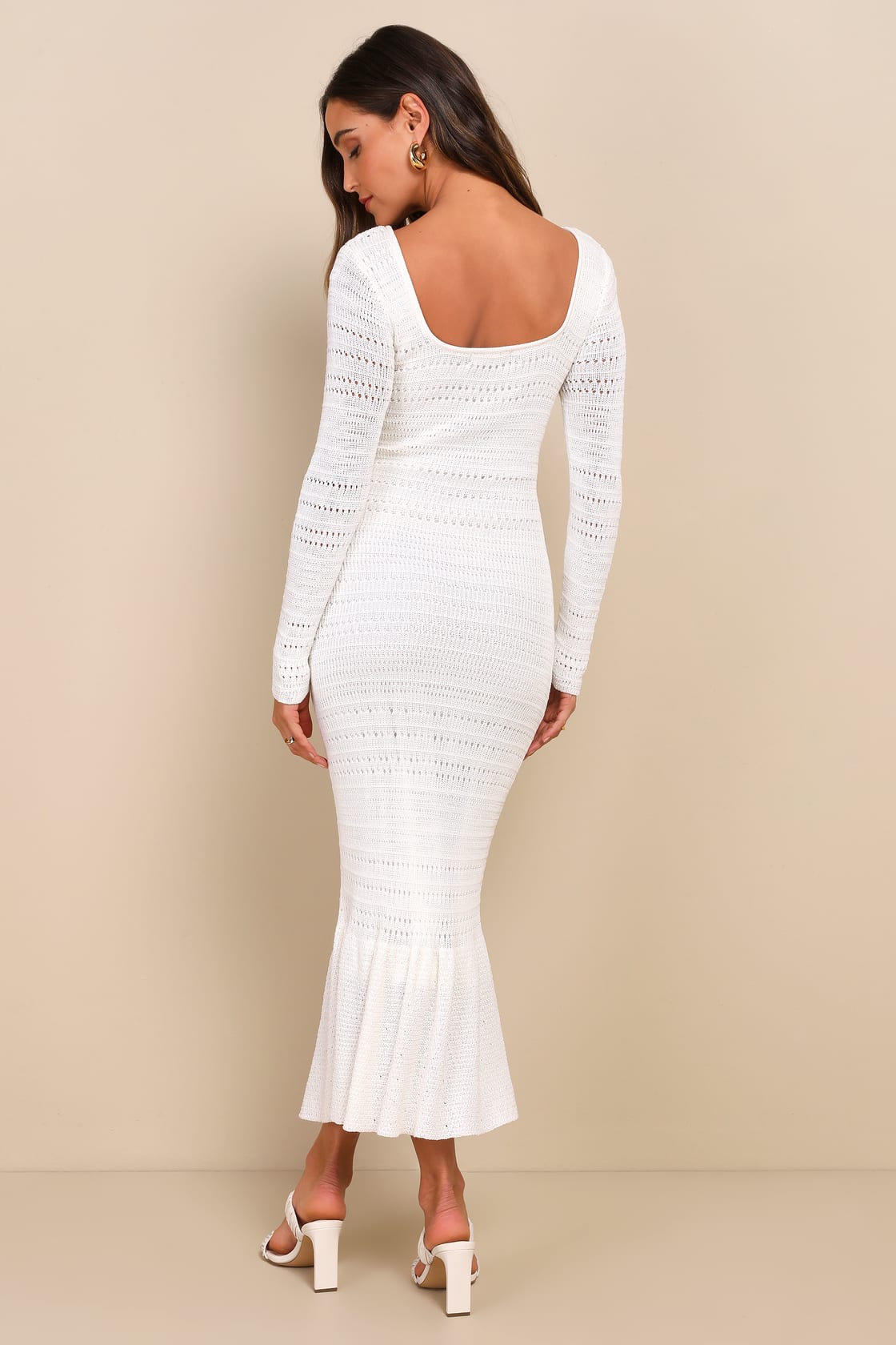 Sunset Moments White Crochet Long Sleeve Trumpet Midi Dress