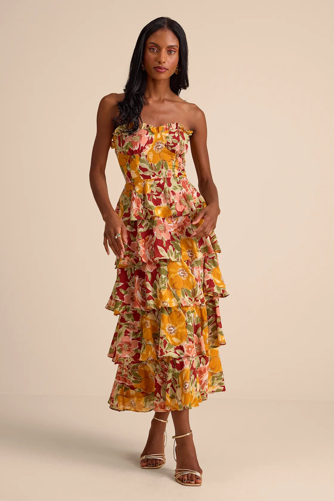 Nayha Blue Multi Floral Strapless Tiered Midi Dress