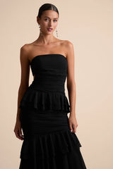 Loni Black Strapless Ruffled Maxi Dress